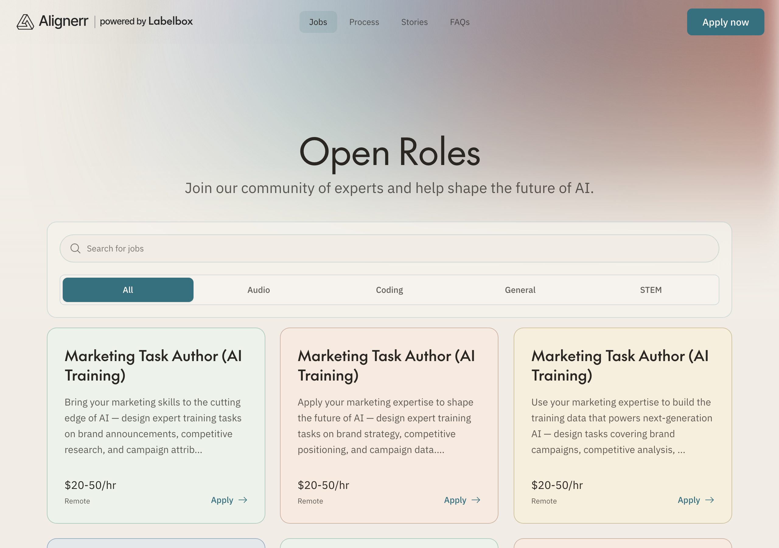 Alignerrの求人一覧（Open Roles）。$20〜50/時・Remote の案件が並ぶ